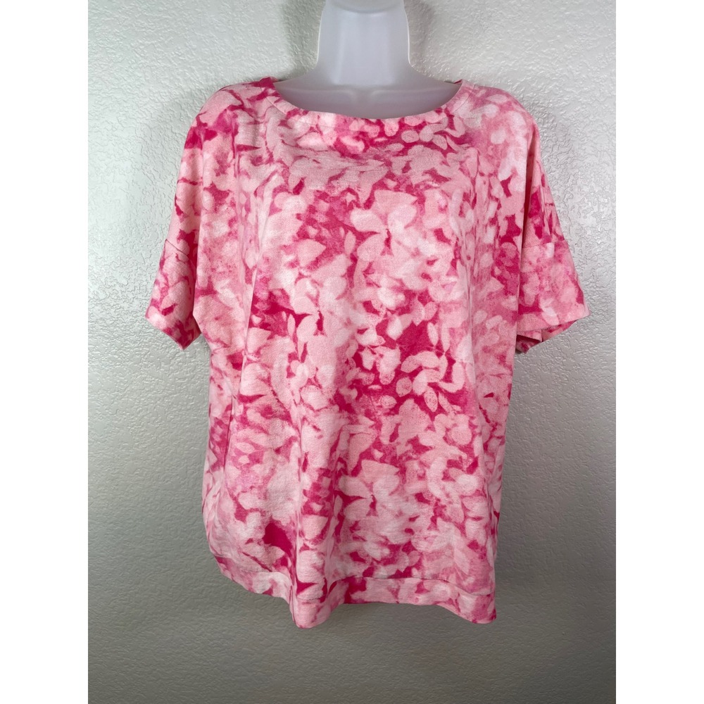 Chicos 2 US Large Top Pink Floral Abstract Short Sleeve Cotton Blend Casual